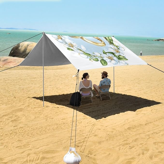 ALAZA Wedding Rings Wreath Beach Tent Sun Shelter UPF50+ Protection Beach Shade Canopy w/ 4 Sandbags for Outdoor Camping Fishing Backyard Fun Picnic 10x9 ft
