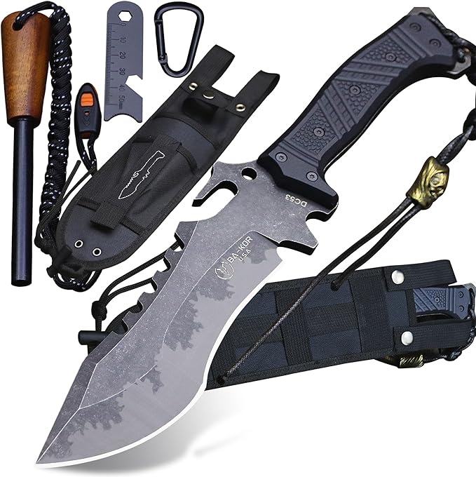BA-KOR U.S.A 8mm thick DC53 steel 38.5CM (15.4in) (full tang) fixed knife+Nylon sheath&amp(5.9in) cerium igniter suitable for outdoor hunting camping Jungle Survival exploration EDC tool knife