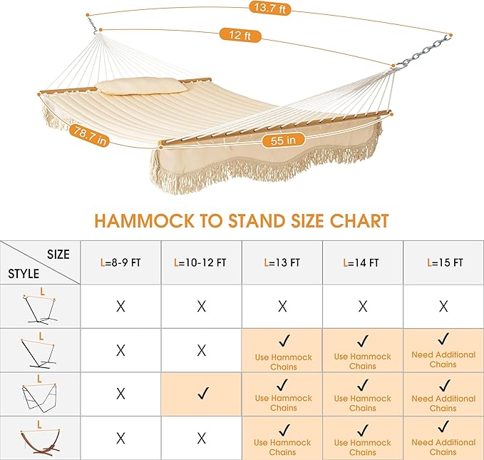 Lazy Daze Hammocks 12 FT Double Quilted Fabric Hammock with Hardwood Spreader Bar Tassels Soft Pillow Chains 2 Person Hammock for Outside Patio Backyard Poolside 450 LBS Weight Capacity Cream