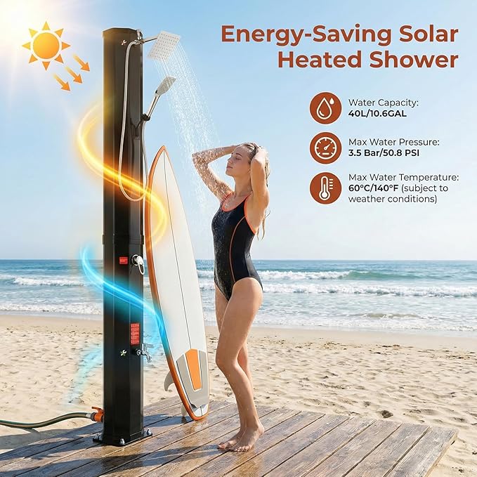 TLSUNNY 10.6 Gallon Solar Heated Shower 7.4FT Height Outdoor PVC Freestanding Shower W/360 Rotating Rainfall Handheld Head Temperature Adjustment &amp Foot Faucet for Pool Backyard Beach (10.6