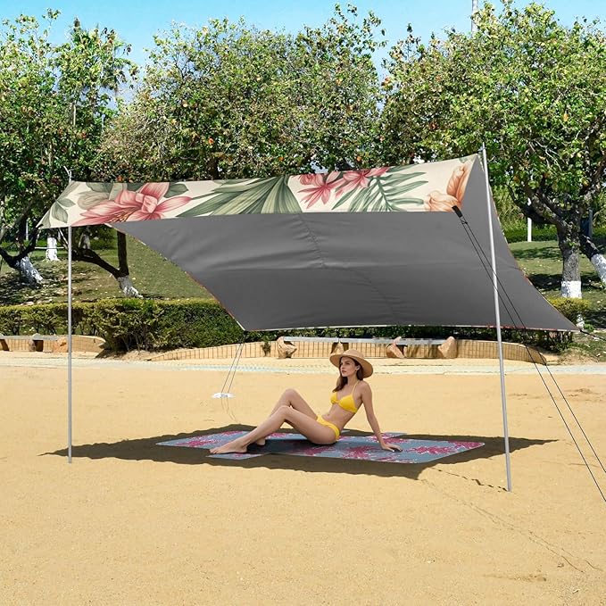 Tropical Botanical Floral Beach Tent Sun Shelter Set UPF50+ UV Protection 10.5 x 9.19 FT Camping Shade Canopy with Sandbags Sand Anchors Carrying Bag and Others