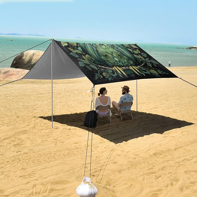 ALAZA Green Owl Print Boho Beach Tent Sun Shelter UPF50+ Protection Beach Shade Canopy w/ 4 Sandbags for Outdoor Camping Fishing Backyard Fun Picnic 10x9 ft
