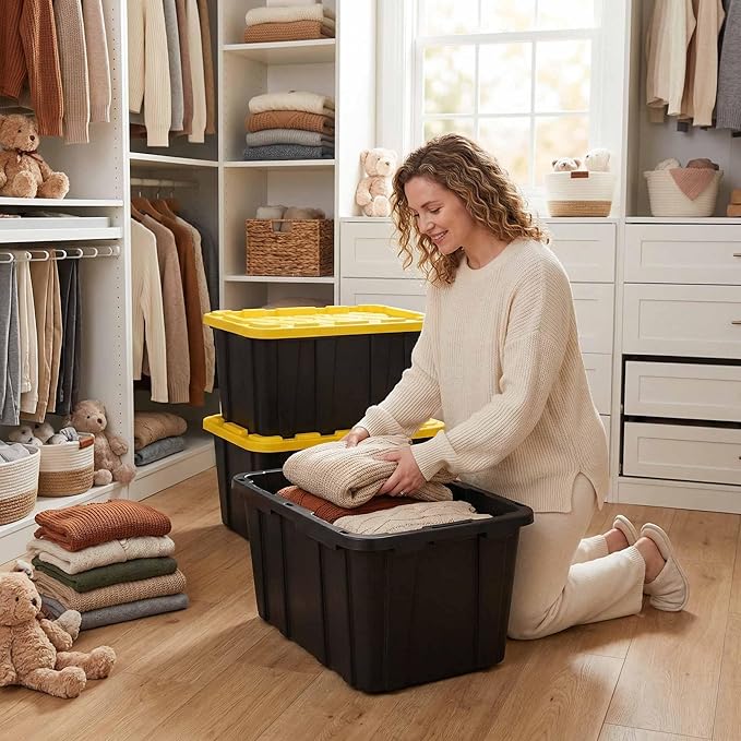 6-Pack 27-Gallon Heavy Duty Storage Bins Stackable Plastic Container with Snap Lid Organizer Tote for Garage Attic Closet Basement Truck Bed - Black and Yellow