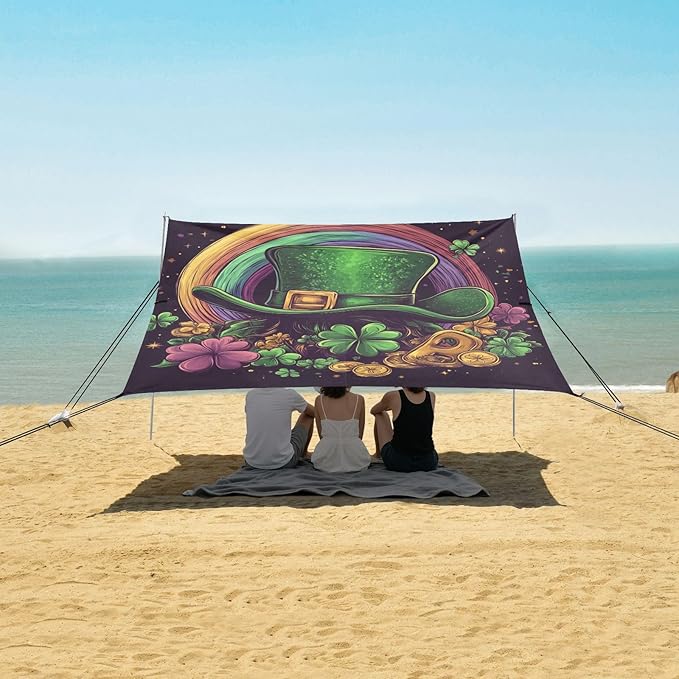 ALAZA Happy St. Patrick's Day with Leprechaun Hat Clover Leaves Rainbow Beach Tent Sun Shelter Portable Canopy Sunshade for Outdoor Camping Picnics Backyard Fun 10x9 ft