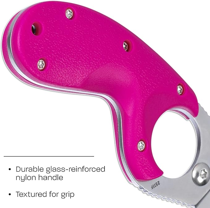 CRKT Bear Claw Fixed Blade Knife with Sheath: Rafting Rescue Self-Defense Serrated Blade with Blunt Tip Pink Glass-Reinforced Nylon Handle Positive Sheath Lock 2511F