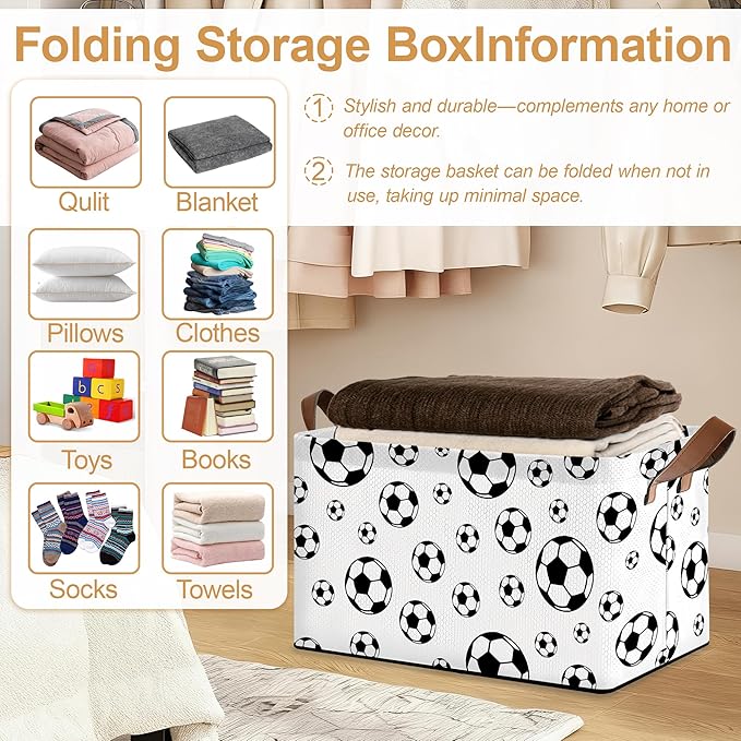 Black Soccer Football Storage Bins with Handles Collapsible Storage for Clothes Gift Basket Blankets &amp Closet Organization