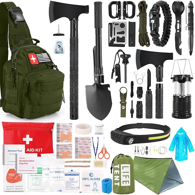 Survival Kit 268 Pcs Emergency Survival Gear and Equipment Supplies with First Aid Kit Camping Axe Headlamp Crossbody Bag for Camping Hiking Hunting Gift for Christmas Men Dads
