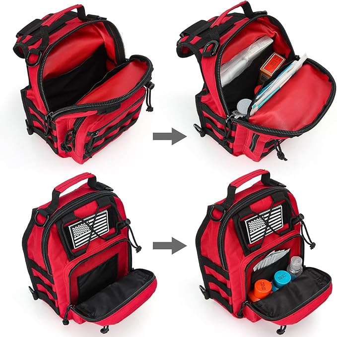 First Aid Sling Backpack - EMS Equipment Emergency Medical Supplies Tactical Range Shoulder Molle Bag - Heavy Duty Sports Outdoor Rescue Pack - Perfect for Camping Hiking Trekking - Red