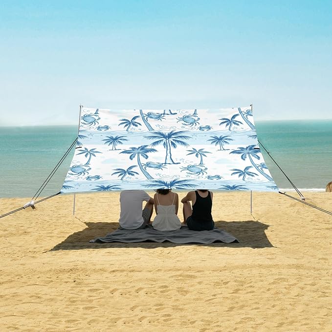 Beach Canopy with Windproof Ropes &amp Sandbags Beach Tent Sun Shade Sun Shelter for Camping Trips Fishing Backyard Fun or Picnics Palm Trees