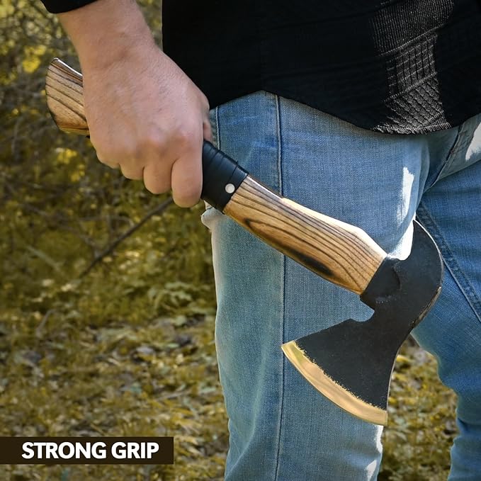 14” Hatchet Axe Camping Hatchet Hand Forged Axe with Sheath for Wood Chopping Splitting &amp Carving Bushcraft Axe with Ash Wood Handle for Outdoor &amp Survival