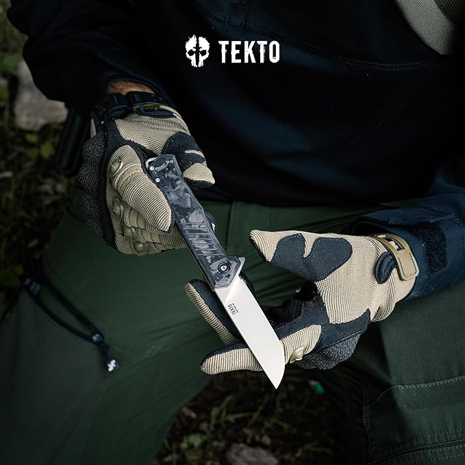 TEKTO KNIVES F1 Alpha Folding Pocket Knife - Modified Straight Back Blade Titanium Coated D2 Steel Ideal for Camping &amp Backpacking Tactical Forged Carbon Fiber Handle Silver Titanium Accents