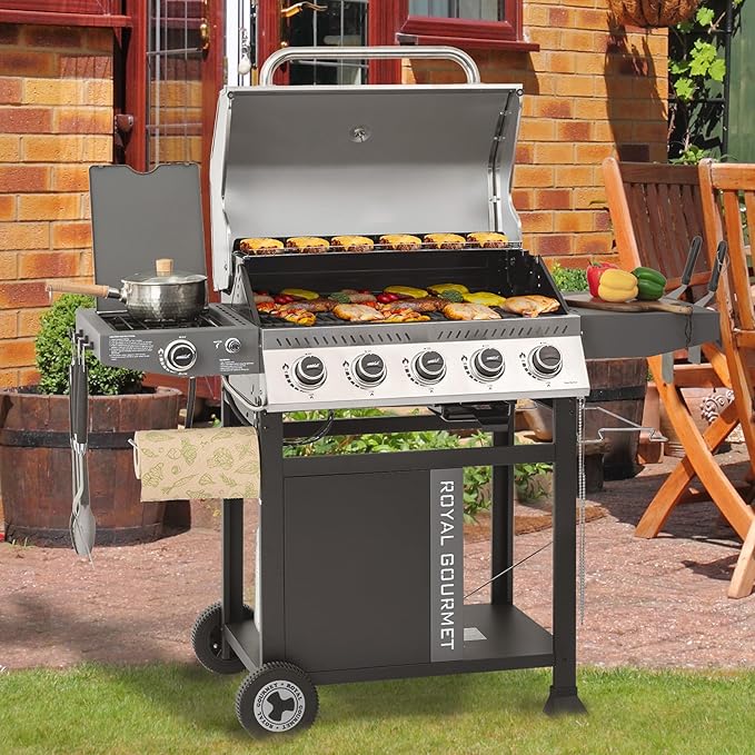 Royal Gourmet GA5406TS 5 Burner Propane Gas Grill with Side Burner and Sear Burner Cart Style Gas BBQ Grill with Porcelain-Enameled Cast Iron Grates for Backyard Cooking Silver &amp Black