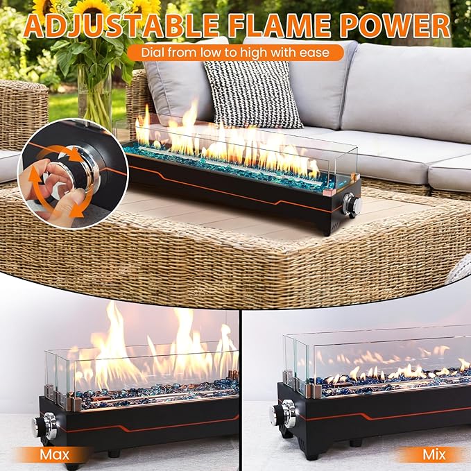 GRISUN 28 Table Top Propane Fire Pit 45000 BTU Tabletop Gas Fire Pit Tabletop Firepit for Patio Outdoor Portable Fireplace Rectangular Fire Bowl with Glass Wind Guard Glass Beads &amp Cover