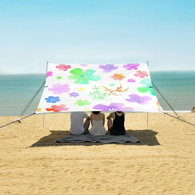 Beach Canopy with Windproof Ropes &amp Sandbags Beach Tent Sun Shade Sun Shelter for Camping Trips Fishing Backyard Fun or Picnics Wildflowers