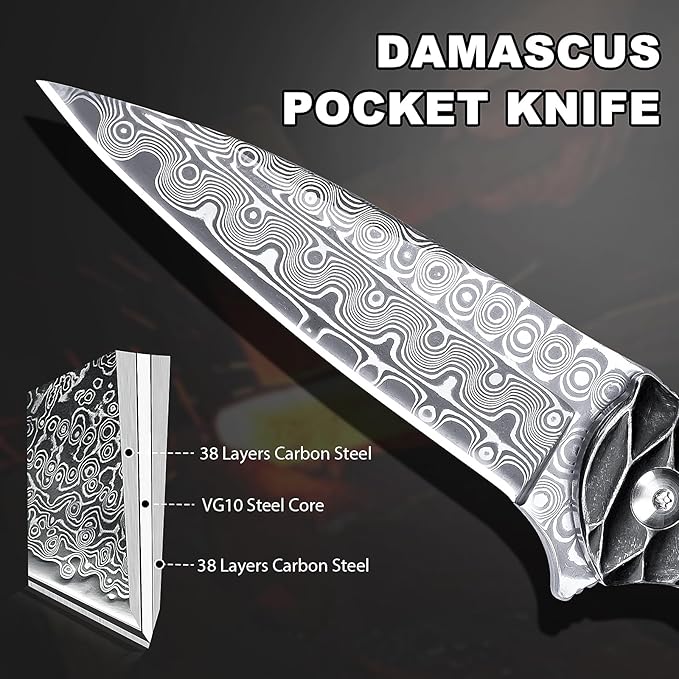 Zingbee Damascus Pocket Knife 2.87 Damascus Blade Folding Knives with Stainless Steel Handle EDC Knife for Camping Hiking Hunting Gift