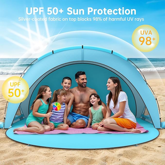 Raynesys Beach Tent Sun Shelter Beach Shade Tent with UPF50+ UV Protection Sun Shelter for 1-6 Person Beaches Shade with 2 Zippered Doors Portable Tents for Camping Fishing Light Blue