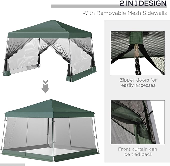 10x10 All-in-One Pop Up Tent Featuring Ventilated Mesh Walls Adjustable Height and Compact Carry Bag with Storage Compartment