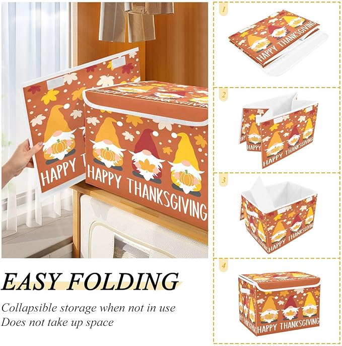 Large Collapsible Storage Bins with Lids Autumn Gnomes Thanksgiving Fall Storage Baskets Organizer Containers with Handles for Clothes