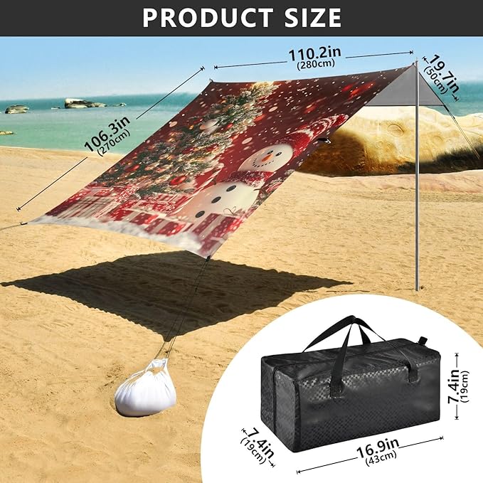 ALAZA Snowman Christmas Tree Beach Tent Sun Shelter Portable Canopy Sunshade for Outdoor Camping Picnics Backyard Fun 10x9 ft