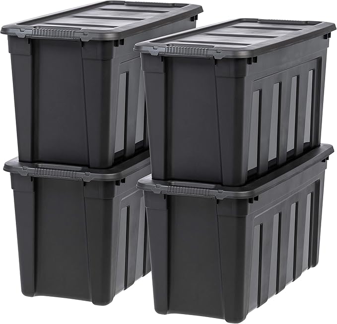 IRIS USA 31 Gallon Heavy Duty Storage Totes with Easy-Grip Handles 4 Pack - Large Bins with Lids Garage Organizing Tubs Durable Stackable Utility Containers Made in USA - Black