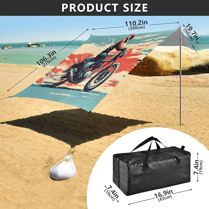 Cool Motorcycle Rider Beach Tent Sun Shelter Set UPF50+ UV Protection 10.5 x 9.19 FT Camping Shade Canopy with Sandbags Sand Anchors Carrying Bag and Others
