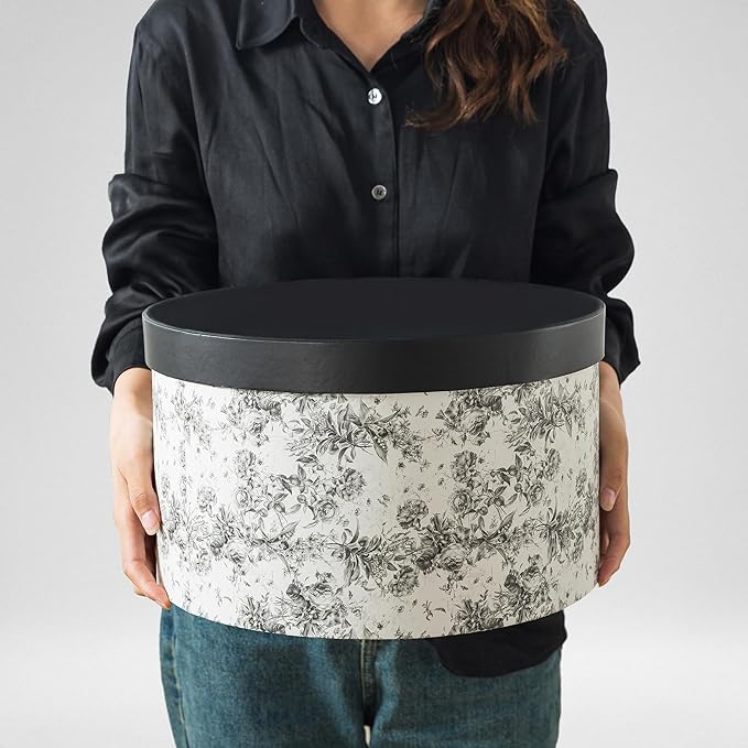 Soul &amp Lane Floral Hat Round Boxes with Lids Set of 3 Nesting Cardboard Hat Storage Large Black Print Cases Stacking Round Decorative Keepsake Boxes for Organizing