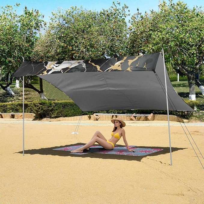 ALAZA Black Marble Gold Line Modern Beach Tent Sun Shelter UPF50+ Protection Beach Shade Canopy w/ 4 Sandbags for Outdoor Camping Fishing Backyard Fun Picnic 10x9 ft