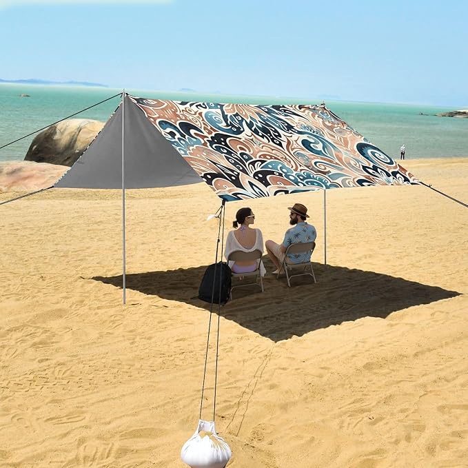 Bohemian Floral Retro Print Beach Tent Sun Shelter Set UPF50+ UV Protection 10.5 x 9.19 FT Camping Shade Canopy with Sandbags Sand Anchors Carrying Bag and Others