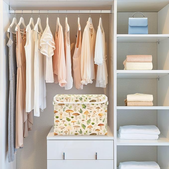 Storage Bins With Lid Stackable Fabric Closet Organizer Clothing Storage Large Boxes For Closet Shelves Bedroom Beige Mushrooms Leaves Caps Natural