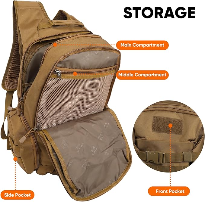 35L Tactical Backpack for Men MOLLE Military Bug Out Bag Waterproof Rucksack for Hiking with Hydration Port Tan