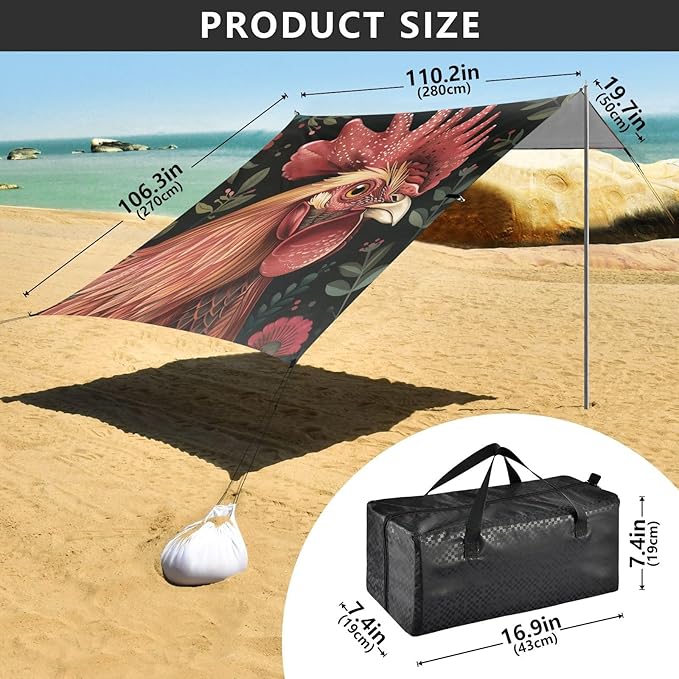 ALAZA Rooster Head Beach Tent Sun Shelter Portable Canopy Sunshade for Outdoor Camping Picnics Backyard Fun 10x9 ft