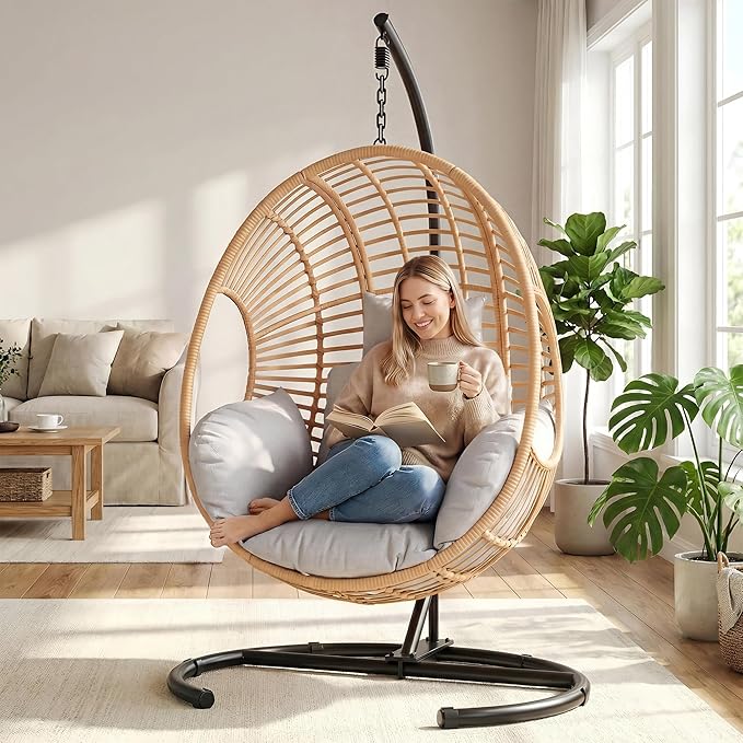 Oversized Hanging Egg Chair Outdoor Indoor Wicker Swing Egg Chair with Stand 400lbs Capacity for Bedroom Patio Garden and Balcony (Beige-Regular Oversize)