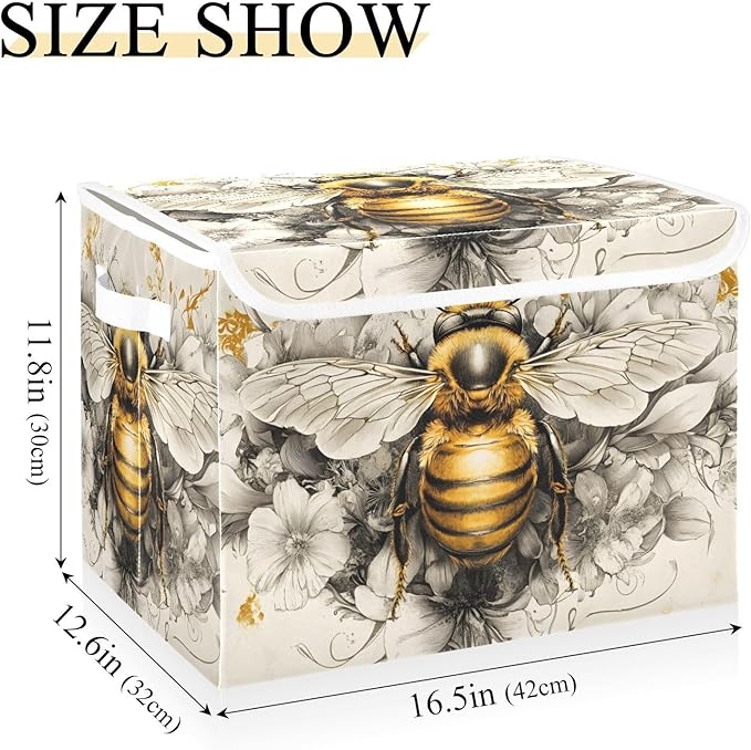 Bee Flower Gold Large Storage Bins with Lid Foldable Storage Cubes Fabric Closet Organizer Containers Box Baskets with Flip-Top Lid for Home Office 16.5” x 12.6” x 11.8”