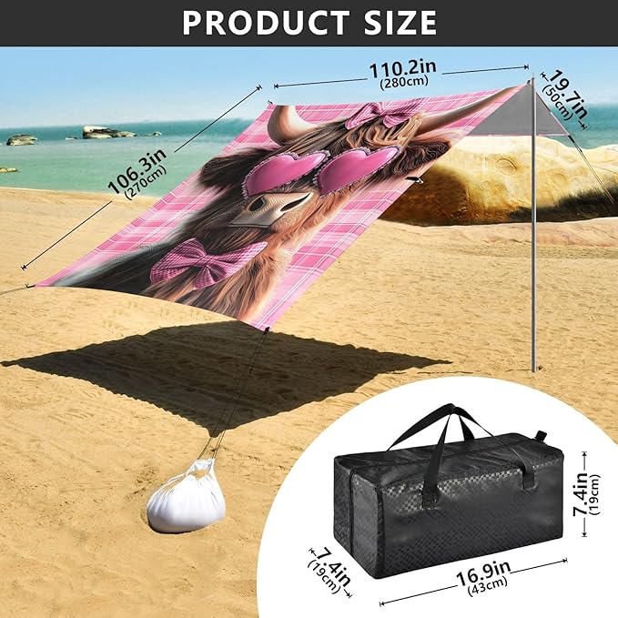 ALAZA Pink Bows Highland Cow Beach Tent Sun Shelter Portable Canopy Sunshade for Outdoor Camping Picnics Backyard Fun 10x9 ft