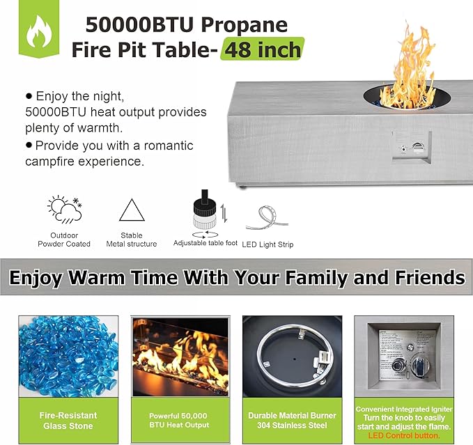 SUNPEAK 48 Outdoor Propane Fire Pit with Round Burner and Lights - 50000 BTU Fire Pit Table with Lid Rocks Cover &amp Tank Storage - Patio and Deck Gas Fire Pit (Light Grey/Golden Light 48 LED)