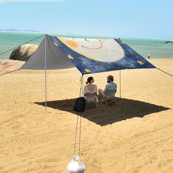 Cute Moon and Star Foldable Beach Canopy UPF50+ Easy Setup Large Portable Sun Shelter with Sand Shovel Sandbags for Camping Picnics Backyard