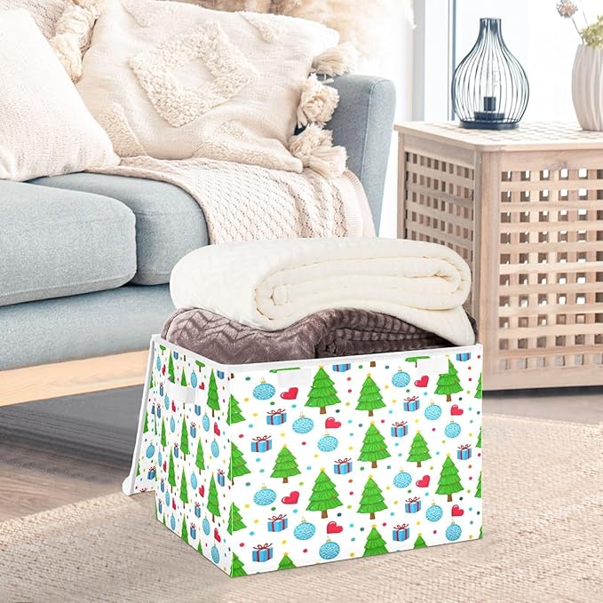 File Organizer Box Decorated Green Trees Storage Bin with Lid Foldable Baskets for Office Document Storage 11.8x12.6 x16.5