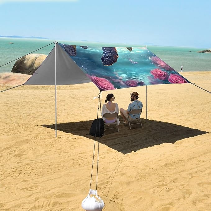 ALAZA Sea Turtle Butterflies Roses Beach Tent Sun Shelter UPF50+ Protection Beach Shade Canopy w/ 4 Sandbags for Outdoor Camping Fishing Backyard Fun Picnic 10x9 ft