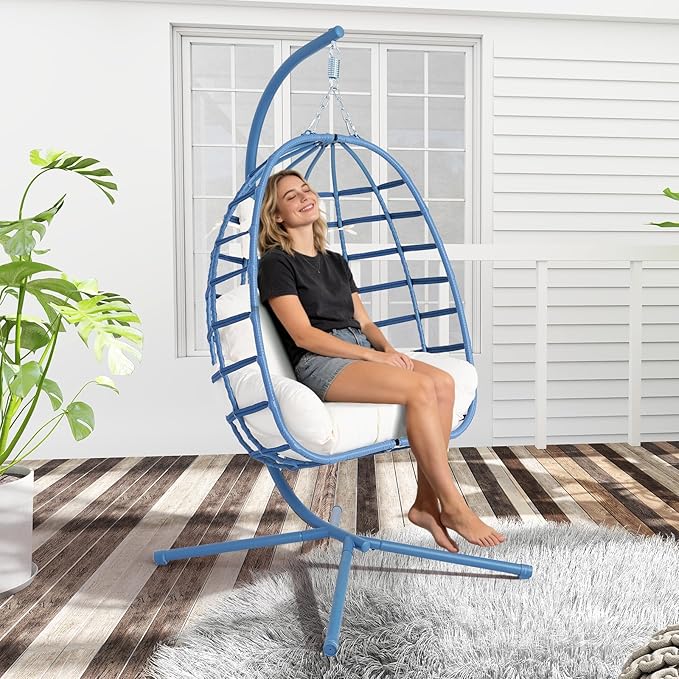 Hanging Egg Chair with Stand Outdoor Indoor Patio Rattan Swing Hammock Chairs with Washable Cushion 350lbs Capacity PE Wicker Swing Chair for Backyard Bedroom Garden (Blue + White Cushion)