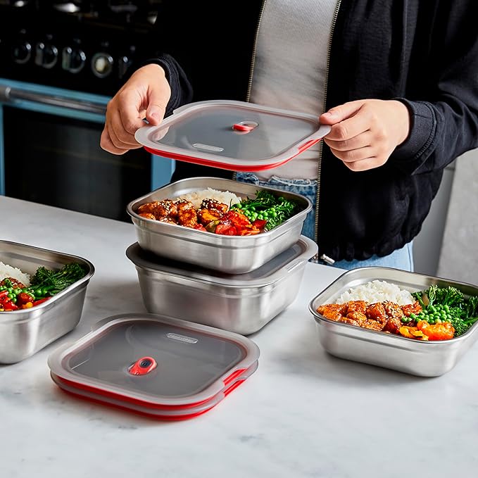 BLACK + BLUM Lunch Box - Meal Prep Containers Reusable for Picnic &amp Camping - Microwavable Stainless Steel Lunch Dinner Food Storage Box with Leak Proof Lid - Dishwasher Oven Safe - Large Square 3
