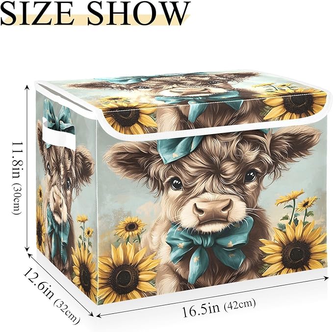 MNSRUU Containers Baskets with Lids Cute Highland Cow Bow Fabric Foldable Storage Bins Organizer with Lid Collapsible Storage Boxes for Home Bedroom Closet Office