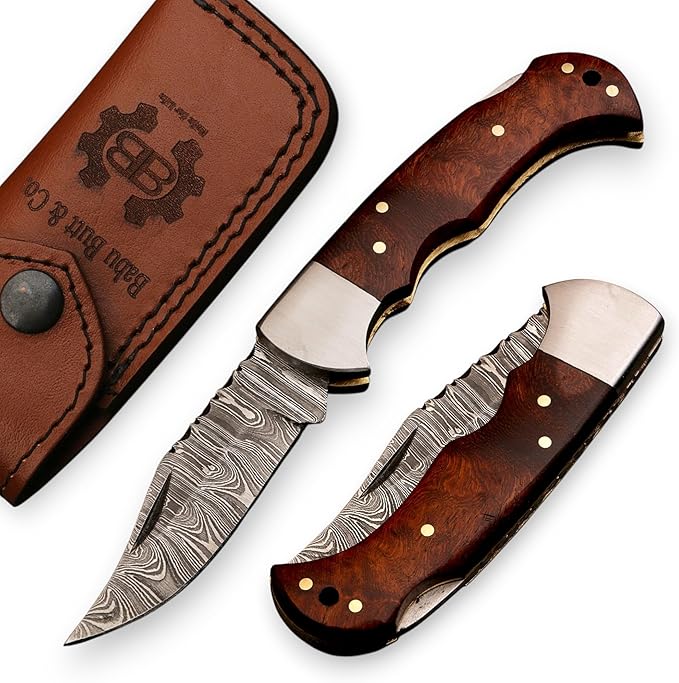 Babu Butt &amp CO Damascus Steel Folding Hunting Knife Set (2-Piece) Rosewood Handle Pocket Knife Handmade EDC Knife for Camping Survival &amp Outdoor Use Gift for Dad Groomsmen Father's Day