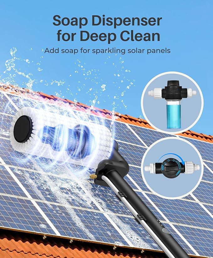 LyriFine Electric Solar Panel Cleaning Brush and Pole Kit 20Ft Extendable Washing Kit with Water Fed Pole 2 Speed &amp Soap Dispenser Outdoor Window Cleaning Tool for Solar Panel Window Roof RV
