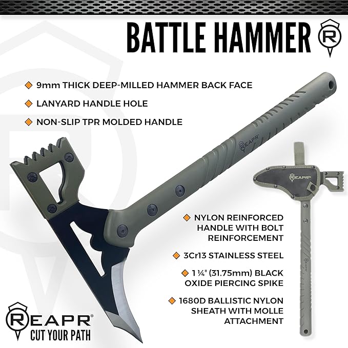 REAPR Battle Hammer – 15¾″ Fixed‑Head Hammer Axe with 3¼″ Cutting Blade Spike End &amp Nylon Handle with MOLLE-Compatible Sheath Ideal Demolition &amp Tactical Use