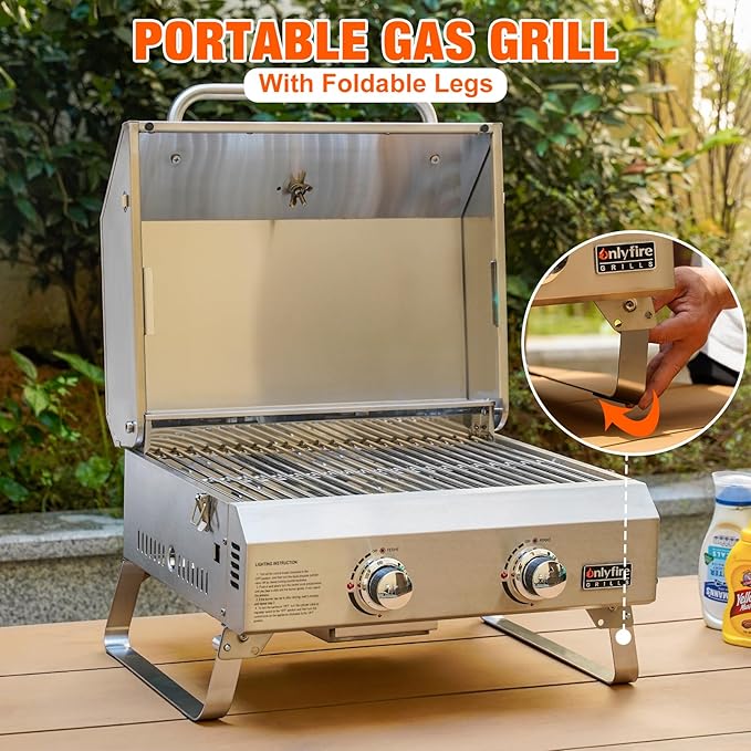 ONLYFIRE GRILLS Tabletop Gas Grill 2 Burners 20 Portable Propane Grill with Foldable Legs for Outdoor Patio Backyard Camping Tailgating RV Trip Beach Stainless Steel Gas Stove 16000BTU GS322