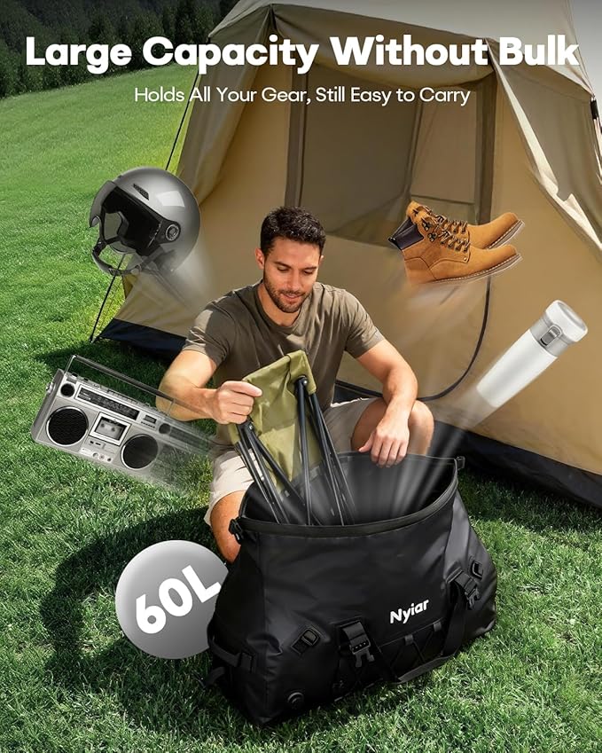 60L Waterproof Duffel Bag Motorcycle Dry Bag Backpack Heavy-Duty Roll-Top Waterproof Bag with Sealed Seams &amp Waterproof Zipper for Riding Kayaking Camping &amp Travel (Black)