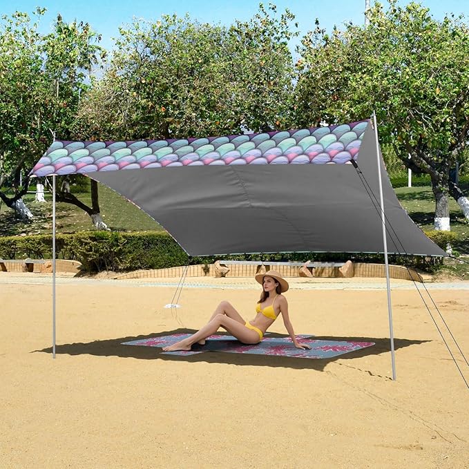 ALAZA Mermaid Gradient Color Beach Tent Sun Shelter UPF50+ Protection Beach Shade Canopy w/ 4 Sandbags for Outdoor Camping Fishing Backyard Fun Picnic 10x9 ft