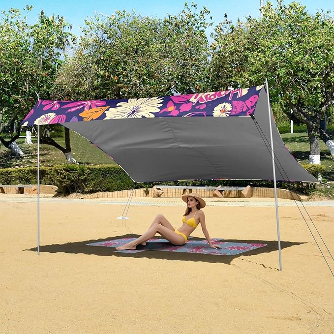 Happy Easter Rabbit Carrots Bowknot Daisy Egg1 Foldable Beach Canopy UPF50+ Waterproof Portable Sun Shelter with Sandbags &amp Sand Shovel for Camping Picnics Backyard &amp Fishing