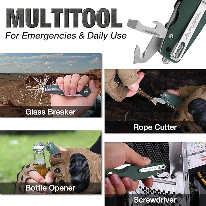 FLISSA Multitool Pocket Knife 3.3 D2 Blade with G10 Handle Liner Lock Folding Knife with Glass Breaker Screwdrivers Bottle Opener &amp Rope Cutter for EDC Survival Camping Hiking (Green)