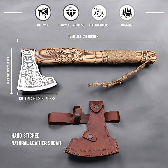 20 Handmade Carbon Steel Viking Axe with Hand Craved Ash Wood Shaft Viking Camping Axe &amp Hatchet. Beautiful Gift for Father Brother and for Him or Her (Medieval Axe)